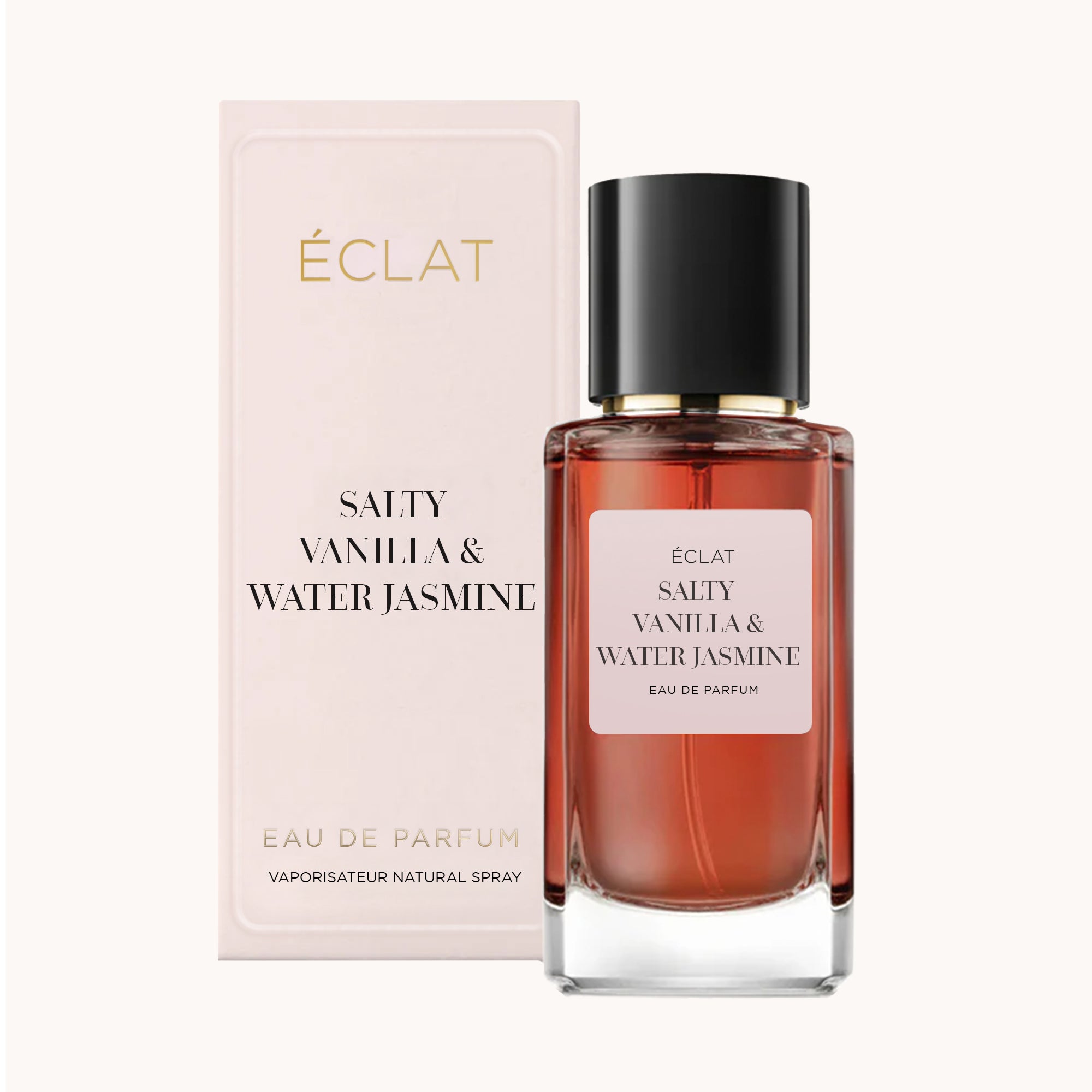 ÉCLAT Salty Vanilla & Water Jasmine Parfum mit ambrafarbenem Glasflakon und schwarzem Verschluss, begleitet von einer hellen Box.
