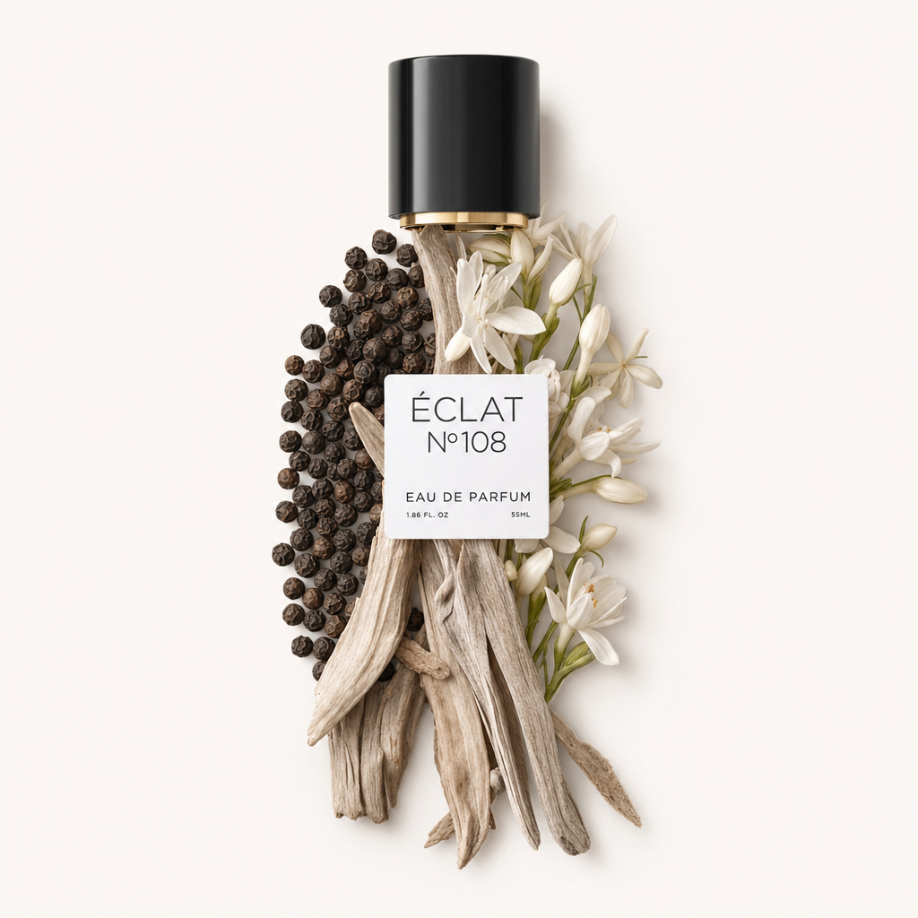 Arrangement aus Sandelholzstücken, schwarzen Pfefferkörnern und Gardenienblüten mit schwarzer Kappe, beschriftet mit ÉCLAT Sandalwood & Gardenia.