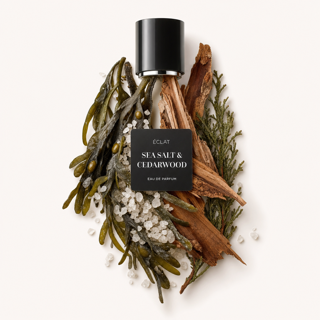 Ein Arrangement aus Algen, Salzkristallen, Zedernholz und grünen Zweigen umgibt eine schwarze Verschlusskappe mit ÉCLAT Sea Salt & Cedarwood Etikett.
