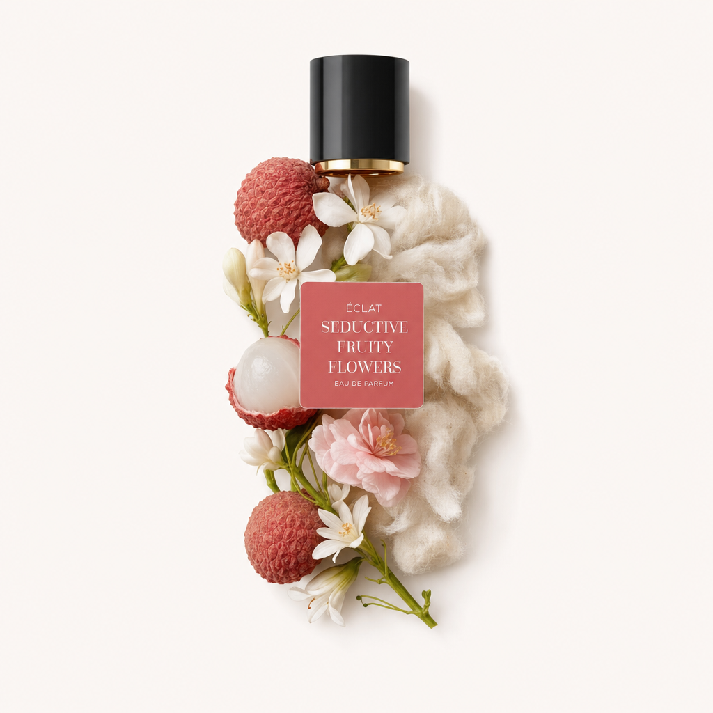 Arrangement aus Litschis, zarten Blüten und einem weichen cremefarbenen Stoff um eine schwarze Kappe mit ÉCLAT Seductive Fruity Flowers Etikett.