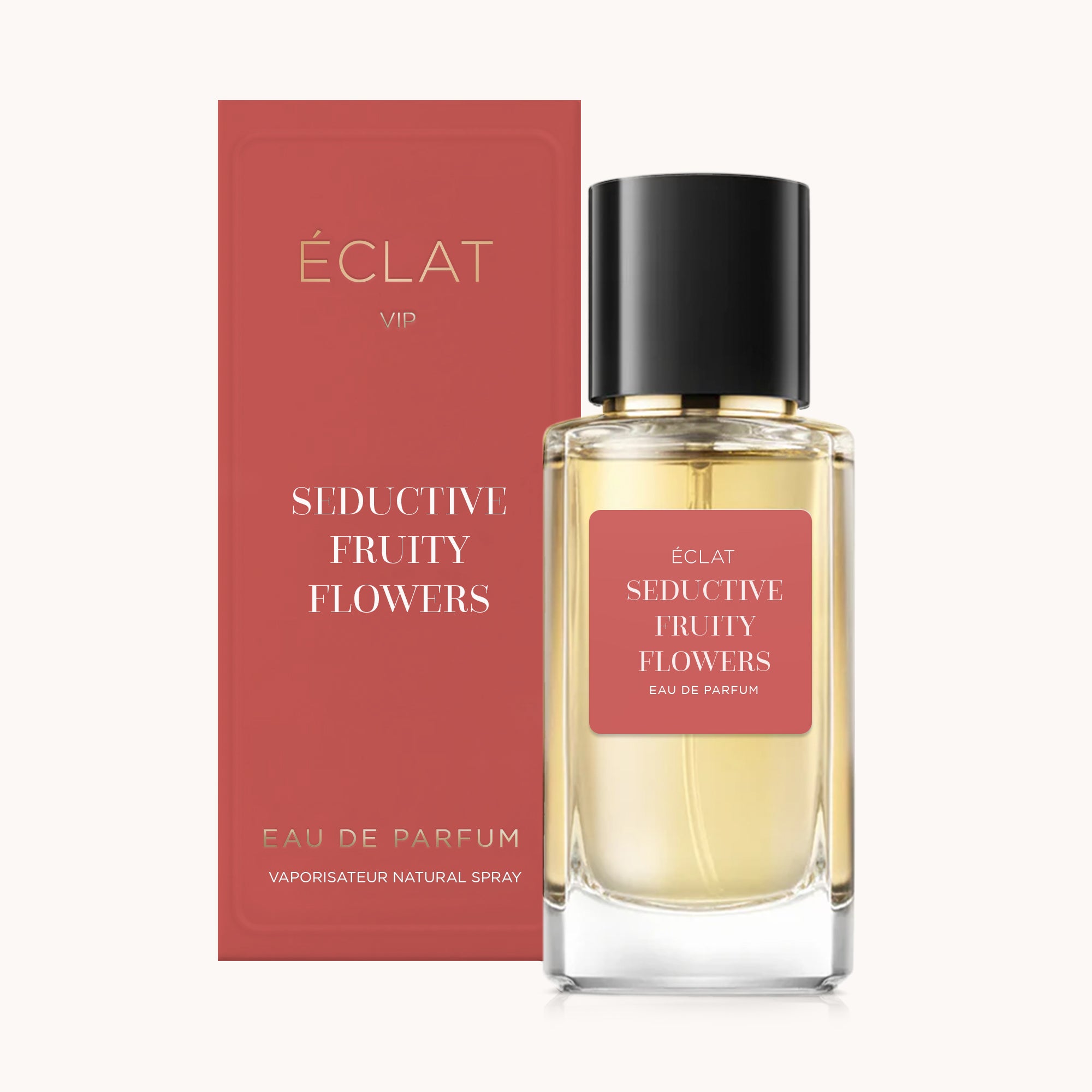 Eleganter Glasflakon mit schwarzer Kappe und rotem Etikett, neben einer passenden roten Box mit ÉCLAT Seductive Fruity Flowers.