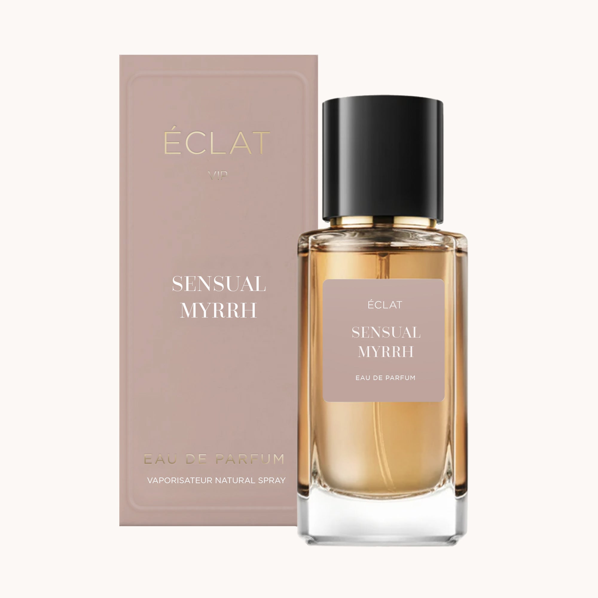 Der ÉCLAT Sensual Myrrh Parfumflakon mit elegantem Verschluss steht neben seiner edlen, matten taupefarbenen Box.