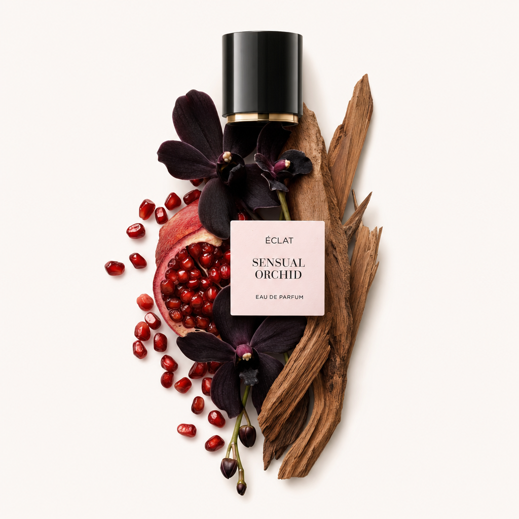 Ein Arrangement aus Granatapfelkernen, dunklen Orchideenblüten und Holzstäben umgibt die originale schwarze ÉCLAT Sensual Orchid Verschlusskappe mit Etikett.