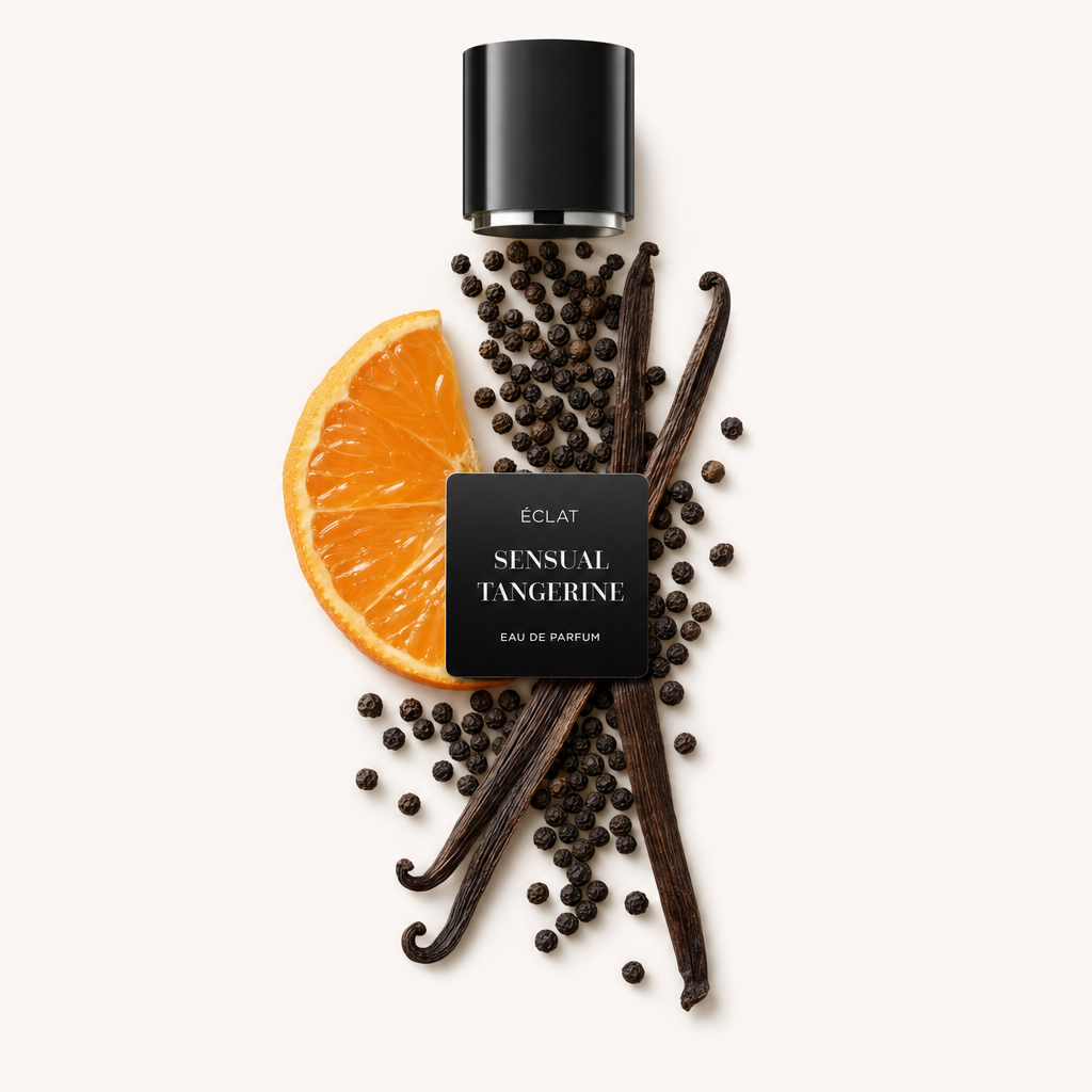 Ein von Hand arrangiertes Stillleben aus einer Mandarinen-Scheibe, Vanilleschoten und Pfefferkörnern umgibt ein ÉCLAT Sensual Tangerine Etikett. Oben ist eine schwarze Kappe.