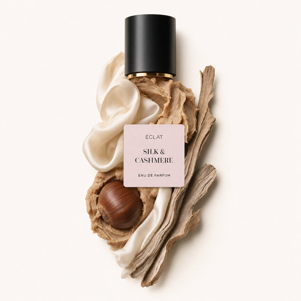 Ein Arrangement aus Seidenstoff, cremigen Kaschmirnoten und einer einzelnen Nuss, akzentuiert durch eine schwarze Kappe mit ÉCLAT Silk & Cashmere Etikett.