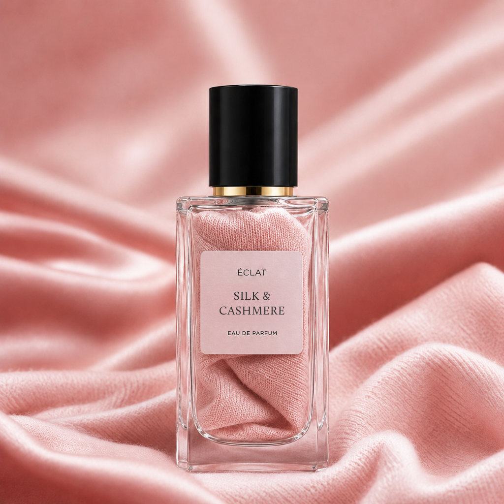 Ein facettierter Glasflakon des Duftes ÉCLAT Silk & Cashmere mit schwarzem Verschluss vor weichem rosa Stoff.