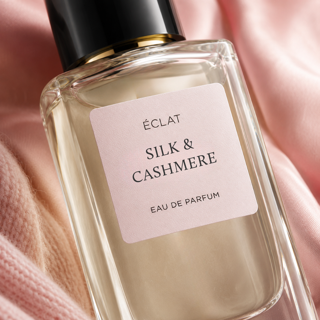 ÉCLAT Silk & Cashmere Parfümflakon mit einem zartrosa Etikett, auf pinkem Stoff platziert, der seine Eleganz betont.