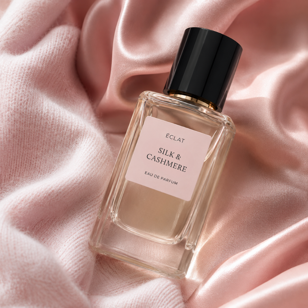 Facettierter Glasflakon von ÉCLAT Silk & Cashmere auf rosa Seidenstoff, mit schwarzem Verschluss und sanftem Licht.