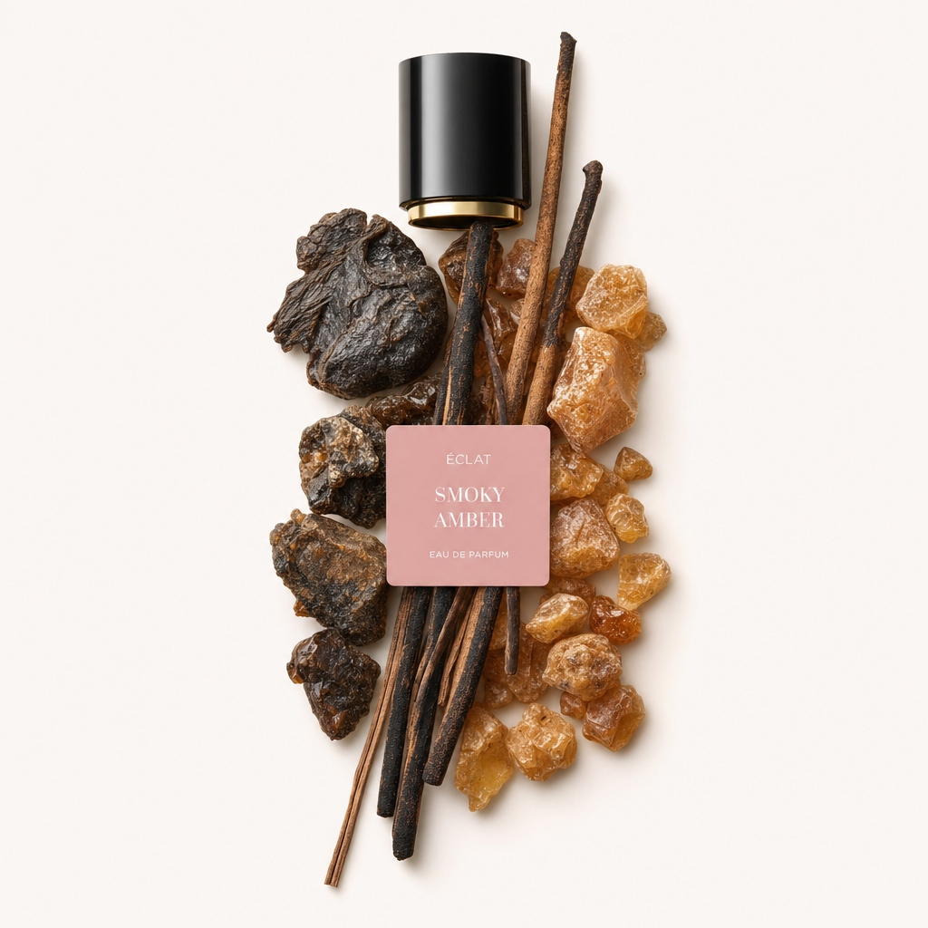 Ein Arrangement aus Bernsteinstücken, trockenen Holzstäben und dunklem Harz mit der ÉCLAT Smoky Amber Kappe in Schwarz-Gold-Design.