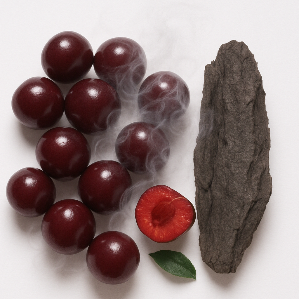 Dunkle, reife Kirschen und erdige Rinde mit einem Hauch von Rauch und einem frischen grünen Blatt, das die Essenz von ÉCLAT Smoky Cherry einfängt.