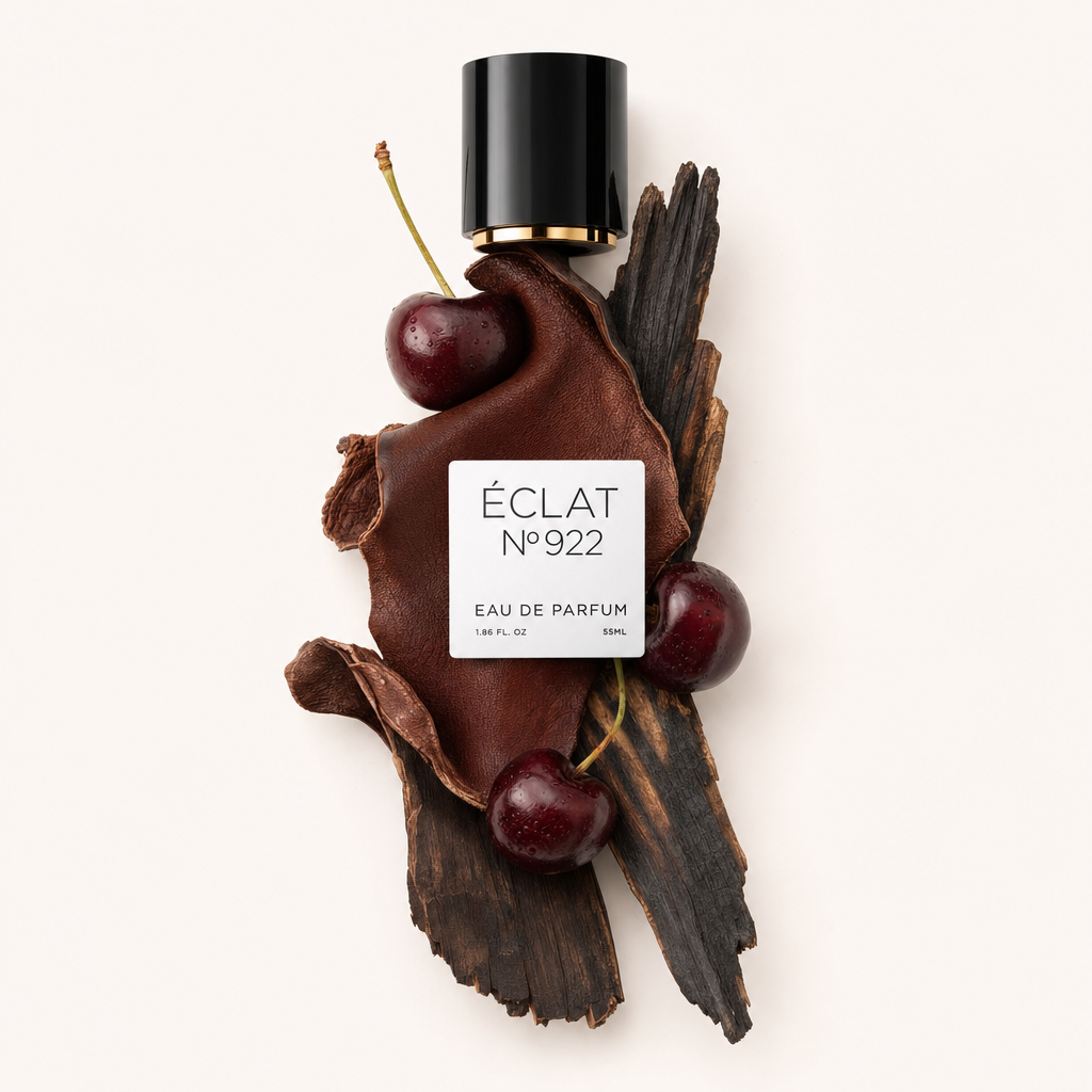 Ein Arrangement aus reifen Kirschen, dunklem Holz und einem Stück Leder mit einer schwarzen Kappe mit Etikett, das ÉCLAT Smoky Cherry repräsentiert.