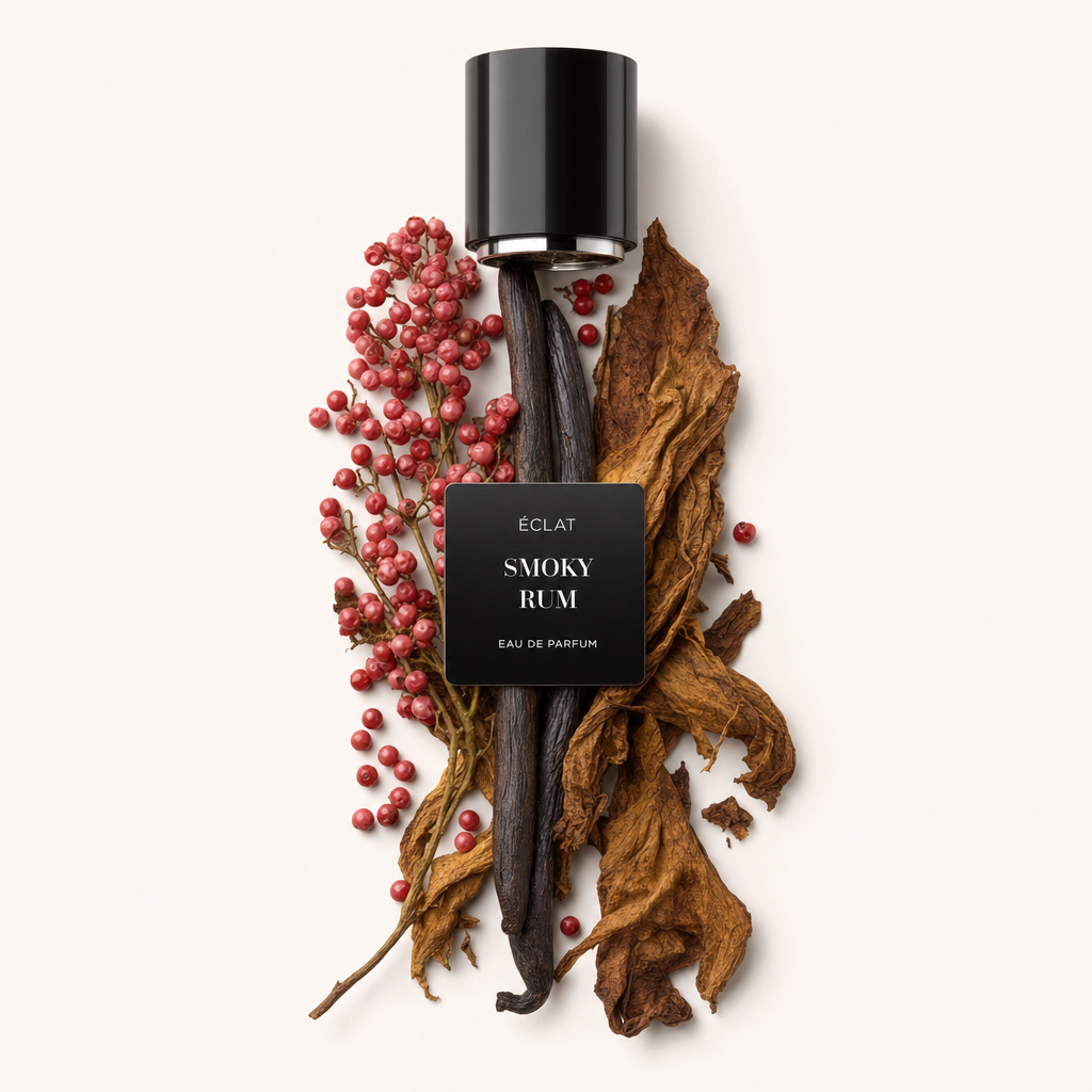 Ein Arrangement aus getrockneten Tabakblättern, rosa Pfefferbeeren und Vanilleschoten umgibt eine schwarze Kappe mit dem Etikett ÉCLAT Smoky Rum.