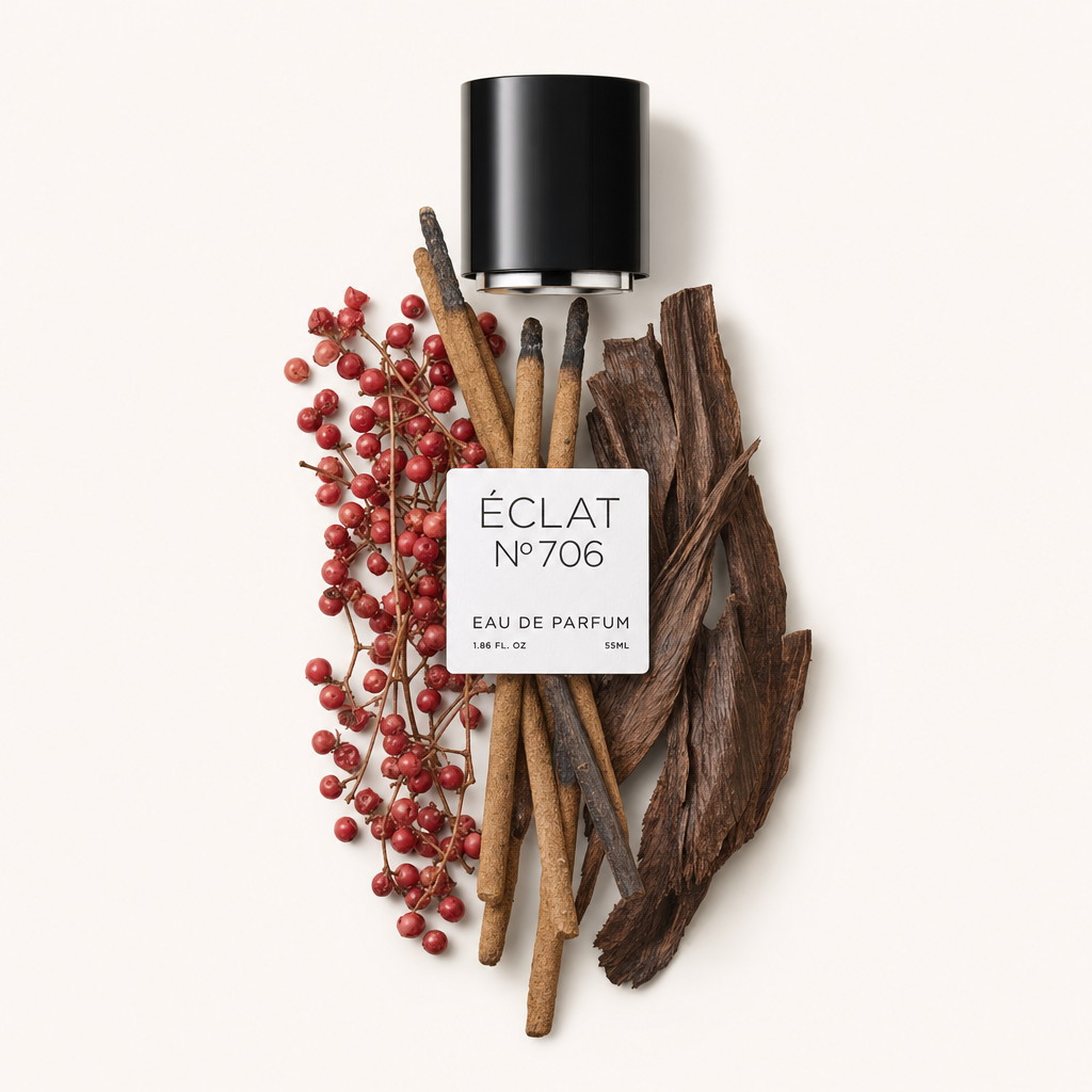 Ein Arrangement aus rosa Pfefferbeeren, Zimtstangen und getrocknetem Holz umgibt eine schwarze Kappe mit dem ÉCLAT 706 VIP Etikett.