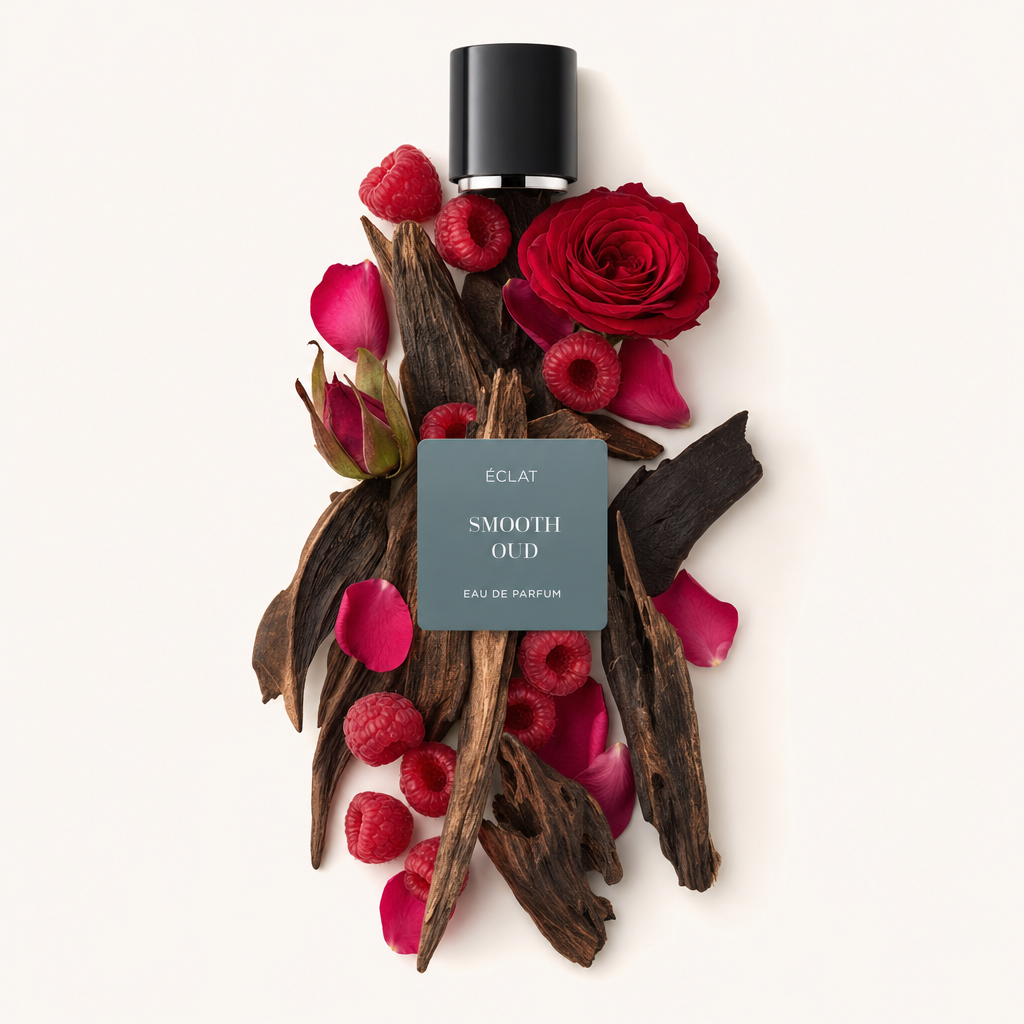 Ein Arrangement aus dunklem Oud-Holz, leuchtend roten Himbeeren und einer einzelnen roten Rose, mit ÉCLAT Smooth Oud Etikett und schwarzer Kappe.