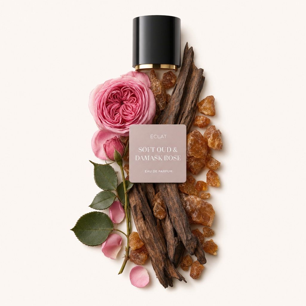 Ein Arrangement aus Oud-Holz, Damaszener Rose, Rosenblättern und Bernsteinharzen mit einer schwarzen Kappe, die ÉCLAT Soft Oud & Damask Rose beschriftet ist.