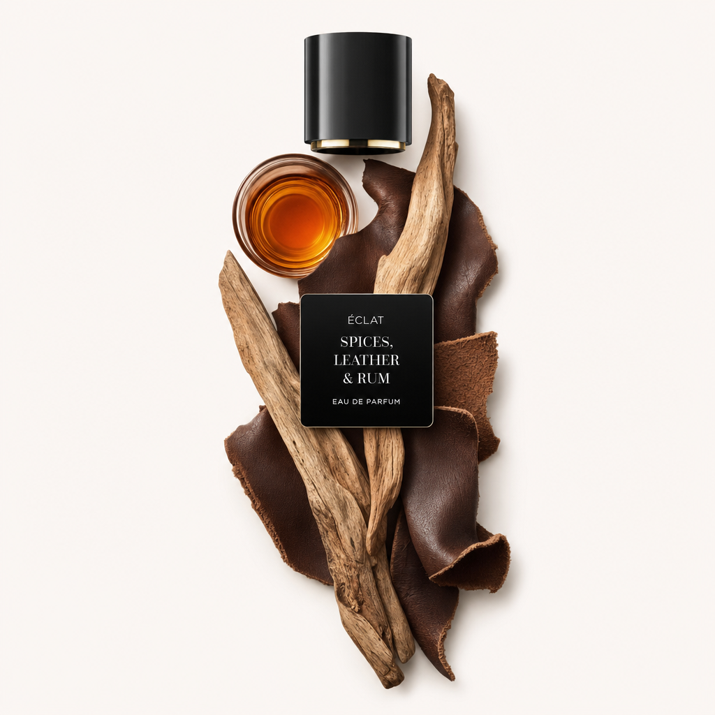 Ein kunstvolles Arrangement aus Treibholz, braunem Leder und einem Glas bernsteinfarbener Flüssigkeit, überragt von einer schwarzen Kappe mit dem Etikett ÉCLAT Spices, Leather & Rum.