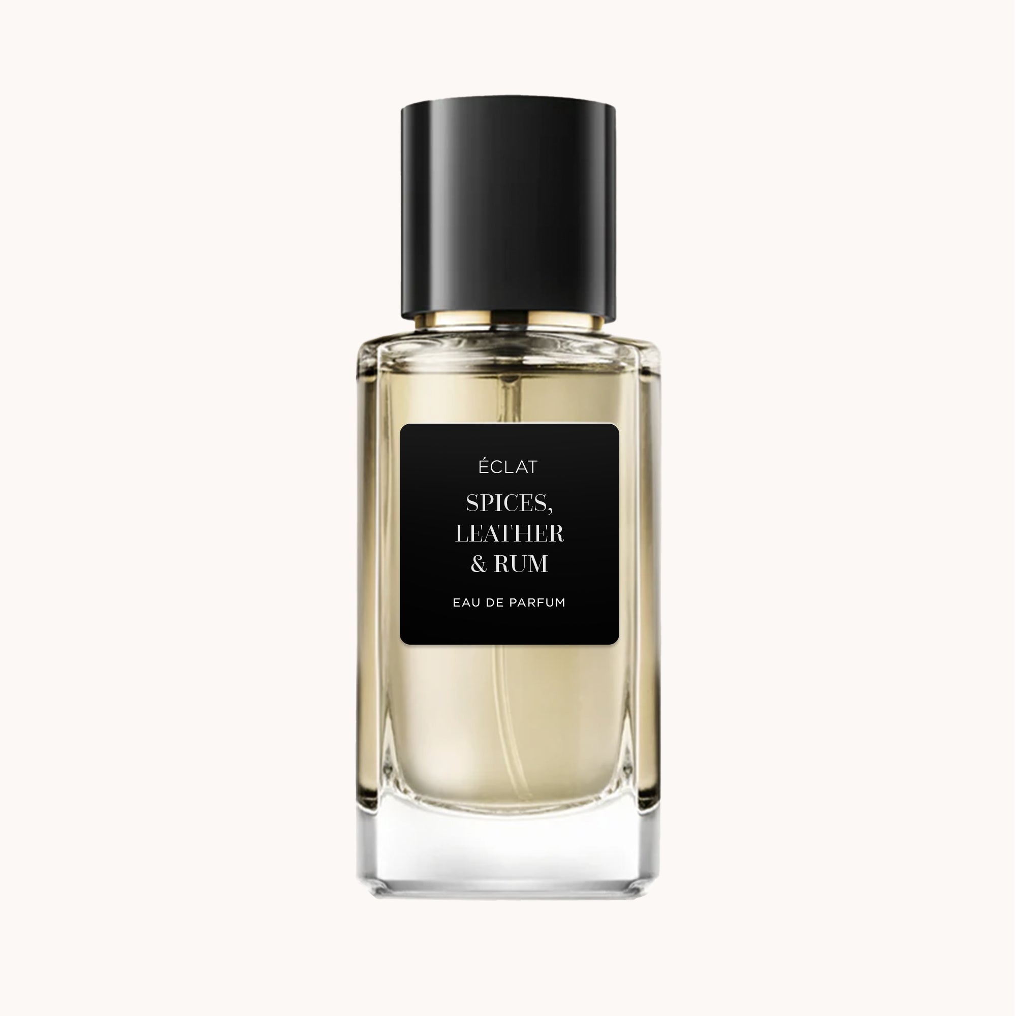 Glasflakon mit mattem schwarzem Etikett und dunklem Verschluss, präsentiert ÉCLAT Spices, Leather & Rum Eau de Parfum.