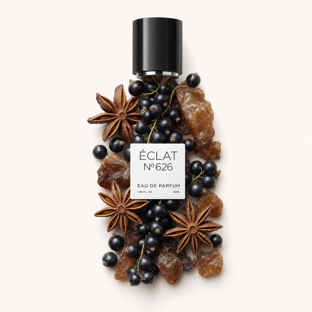 Ein Arrangement aus Sternanis, schwarzen Johannisbeeren und braunen Zuckerkristallen umgibt eine schwarze Kappe mit ÉCLAT 626 Etikett.