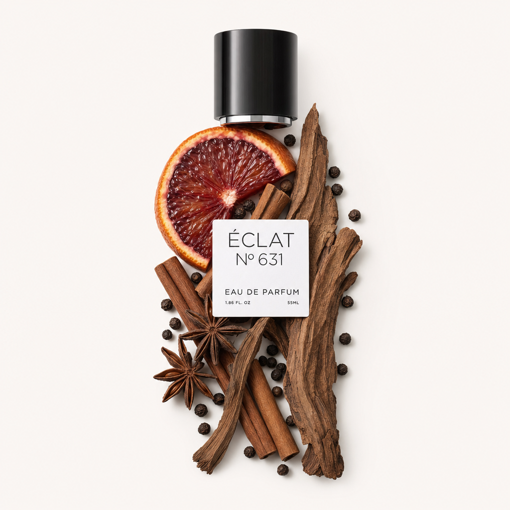 Ein kunstvolles Arrangement aus einer Blutorangenscheibe, Zimtstangen, Sternanis, schwarzen Pfefferkörnern und holzigen Gewürzen umgibt eine schwarze Kappe mit einem Etikett, das ÉCLAT 631 liest.