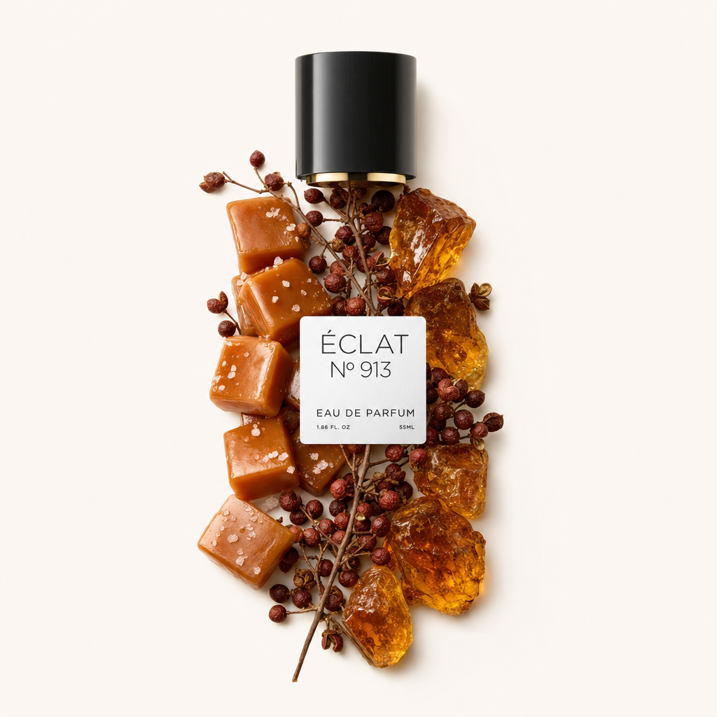 Ein von Hand arrangiertes Stillleben der ÉCLAT Spicy Caramel Zutaten mit Karamellwürfeln, bernsteinfarbenen Harzstücken und Pfefferbeeren um eine schwarze Kappe mit Etikett.