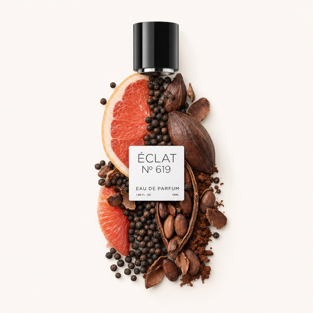 Ein Stillleben der ÉCLAT Spicy Cocoa Duftzutaten: Grapefruitscheiben, Kakaobohnen und Pfefferkörner um eine schwarze Verschlusskappe mit Etikett arrangiert.