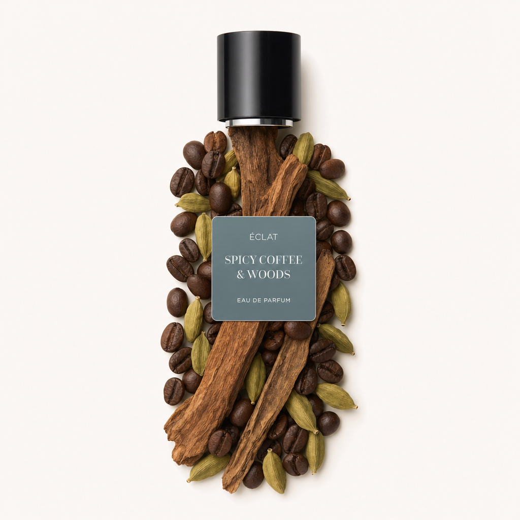 Ein kunstvolles Arrangement aus Kaffeebohnen, Kardamomkapseln und Holzstäbchen umgibt eine schwarze Kappe mit ÉCLAT Spicy Coffee & Woods Etikett.