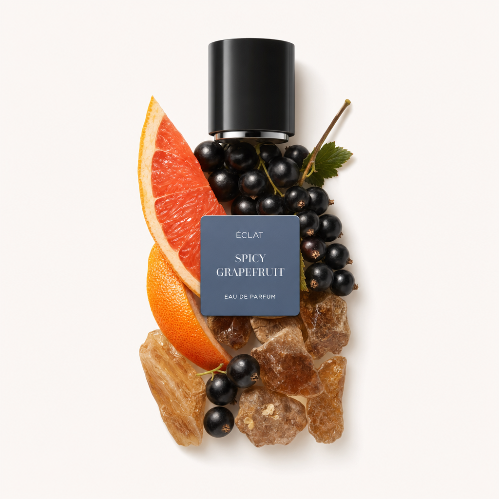 Ein Arrangement aus einer Grapefruitscheibe, schwarzen Johannisbeeren und Bernstein-Kristallen umgibt eine schwarze Kappe mit einem ÉCLAT Spicy Grapefruit Etikett.