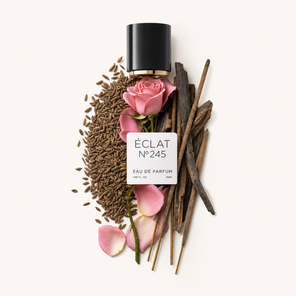 Ein Arrangement aus Rosenblättern, Kreuzkümmelsamen und Räucherstäbchen umgibt eine schwarze ÉCLAT-Kappe mit elegantem Etikett.