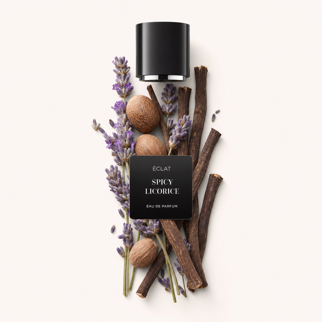 Ein Arrangement aus Lavendelzweigen, Muskatnüssen und Lakritzstangen mit einer schwarzen ÉCLAT Spicy Licorice Kappe oben, die ein elegantes Etikett trägt.