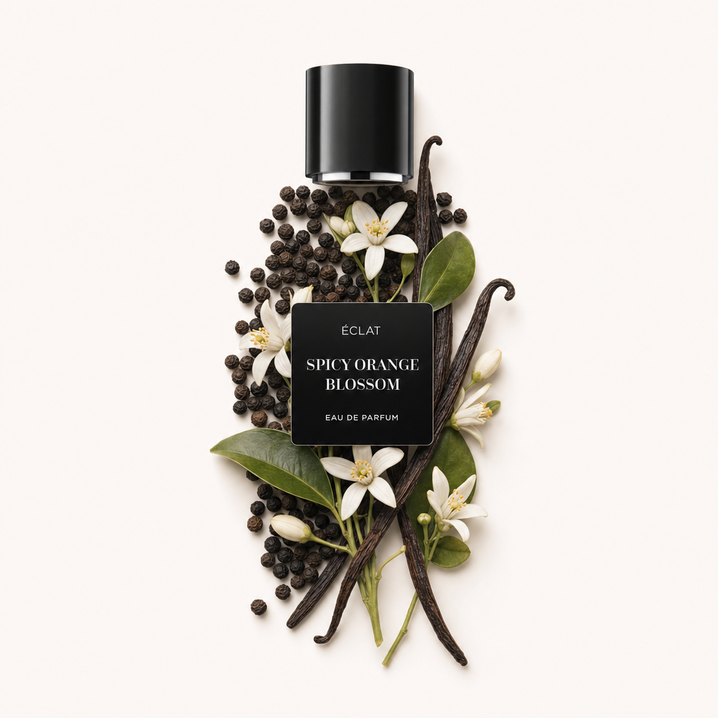 Ein Arrangement aus Vanilleschoten, schwarzen Pfefferkörnern und Orangenblüten, darunter eine schwarze Kappe mit der Aufschrift ÉCLAT Spicy Orange Blossom.