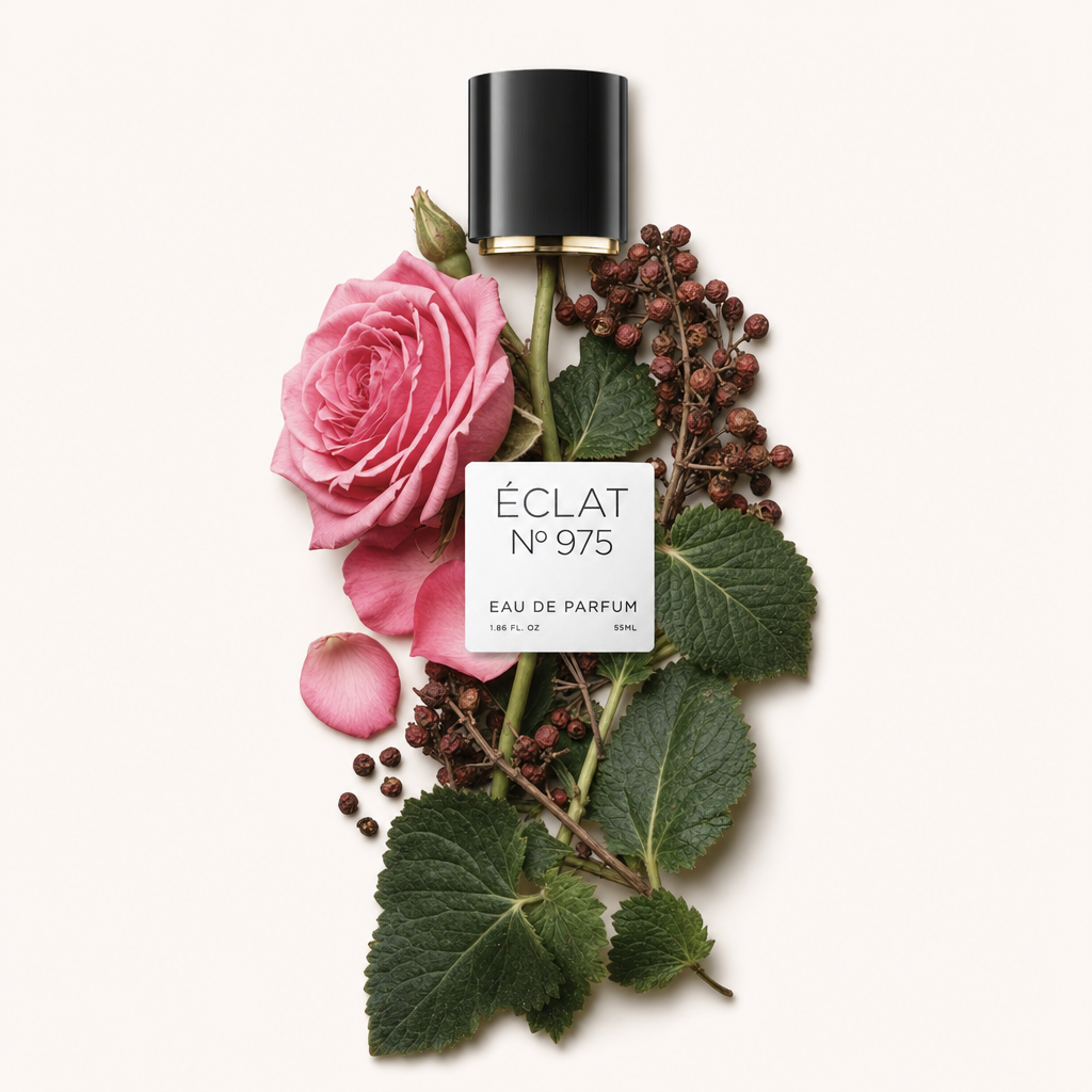 Ein sorgfältig arrangiertes Stillleben aus einer rosa Rose, grünen Blättern und Pfefferkörnern, daneben eine schwarze Kappe mit ÉCLAT-Etikett.