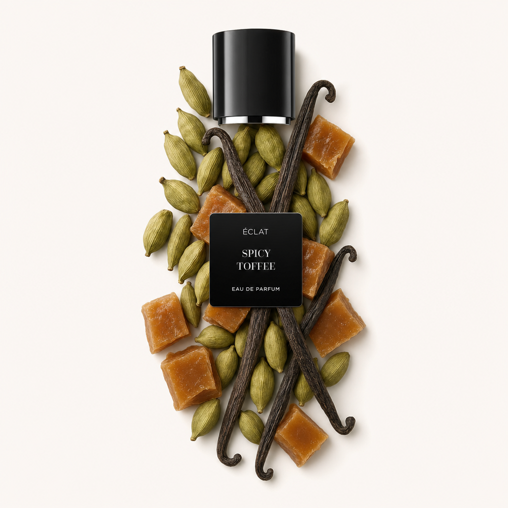 Ein künstlerisches Arrangement aus Kardamomkapseln, Vanilleschoten und Karamelltoffee umgibt die schwarze Verschlusskappe mit einem ÉCLAT Spicy Toffee Eau de Parfum Etikett.