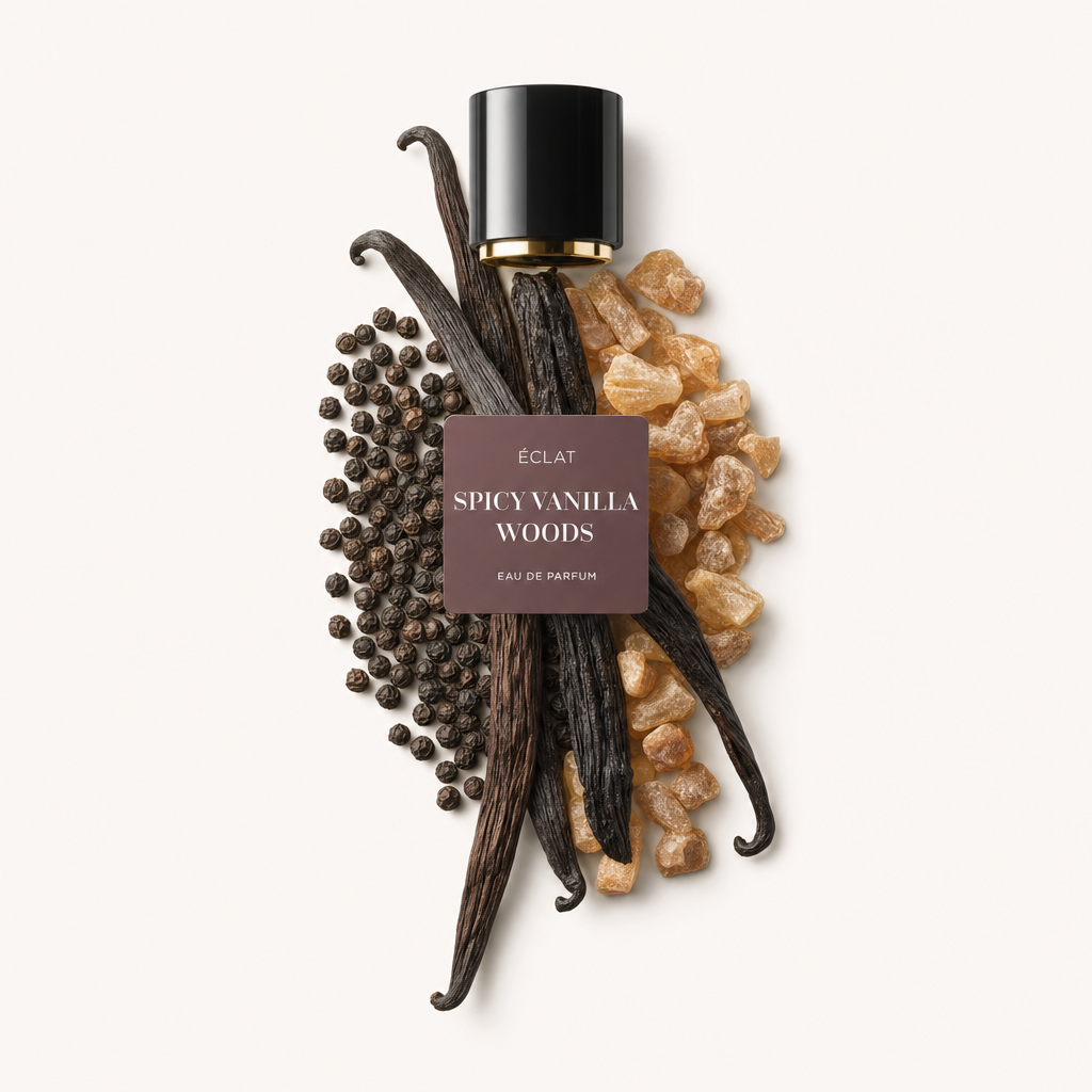 Ein Arrangement aus Vanilleschoten, schwarzen Pfefferkörnern und harzigen Bernstein-Stücken bildet ein natürliches Tableau um die schwarze Kappe mit dem ÉCLAT Spicy Vanilla Woods Etikett.