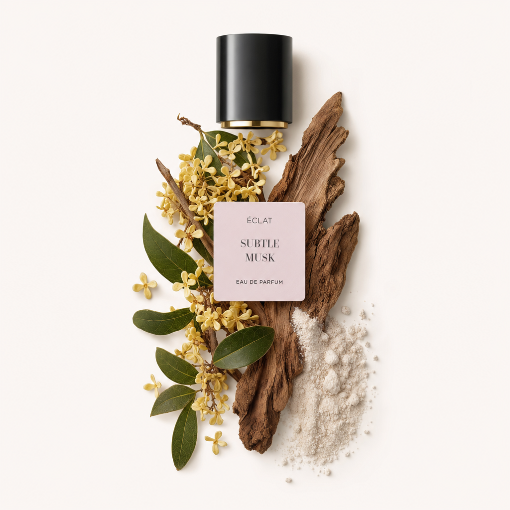 Ein Arrangement aus zarten gelben Blüten, grünen Blättern, rustikalem Holz und weißem Pulver neben einer schwarzen Kappe mit goldenem Band und ÉCLAT Subtle Musk Etikett.