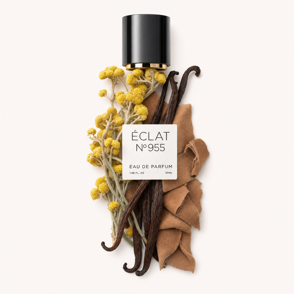 Ein Arrangement aus gelben Blüten, Vanilleschoten und Wildlederstücken umgibt die originale schwarze Kappe mit Etikett für ÉCLAT Suede & Vanilla.