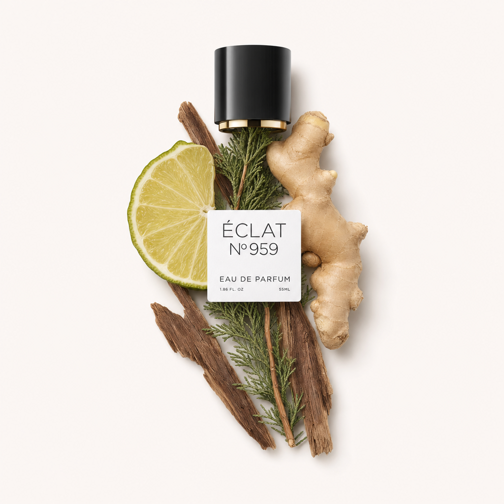 Ein Arrangement mit frischem Ingwer, einer Bergamottescheibe und Zedernzweigen um die schwarze Kappe von ÉCLAT mit Etikett für Sunny Bergamot.