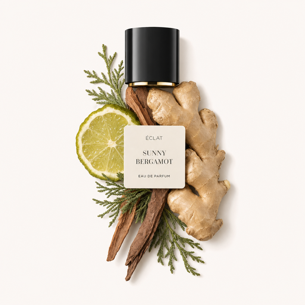 Ein Arrangement mit einer Bergamottenscheibe, Ingwerwurzel und Holznoten umschließt eine schwarze Kappe mit ÉCLAT Sunny Bergamot Etikett.