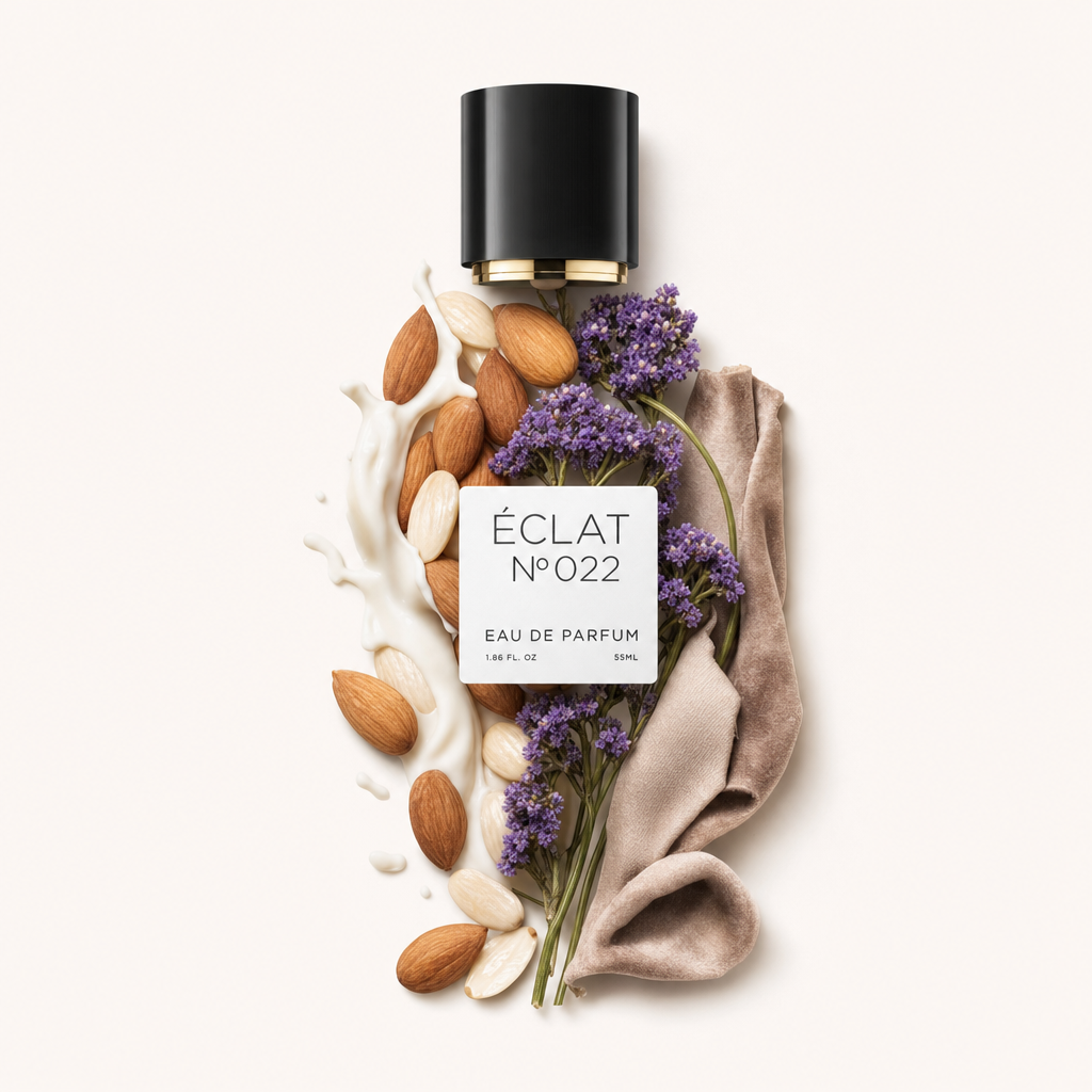 Ein Arrangement aus Mandeln, Milchspritzern und violetten Blüten umgibt eine schwarze Verschlusskappe mit Etikett von ÉCLAT Sweet Almond Milk.