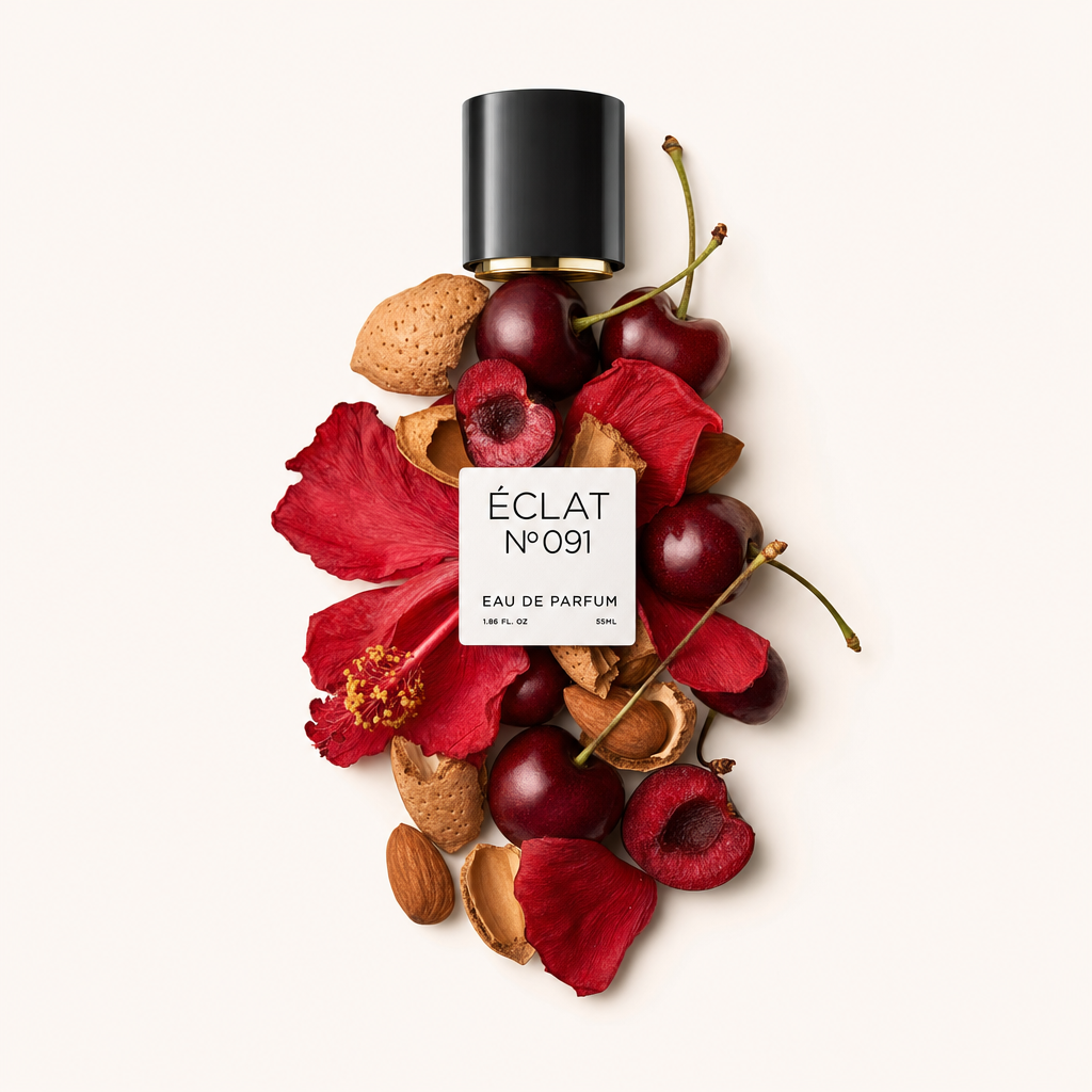 Ein Arrangement aus Kirschen, Mandelschalen und roten Hibiskusblüten umgibt eine schwarze Kappe mit dem ÉCLAT Sweet Amaretto Etikett.
