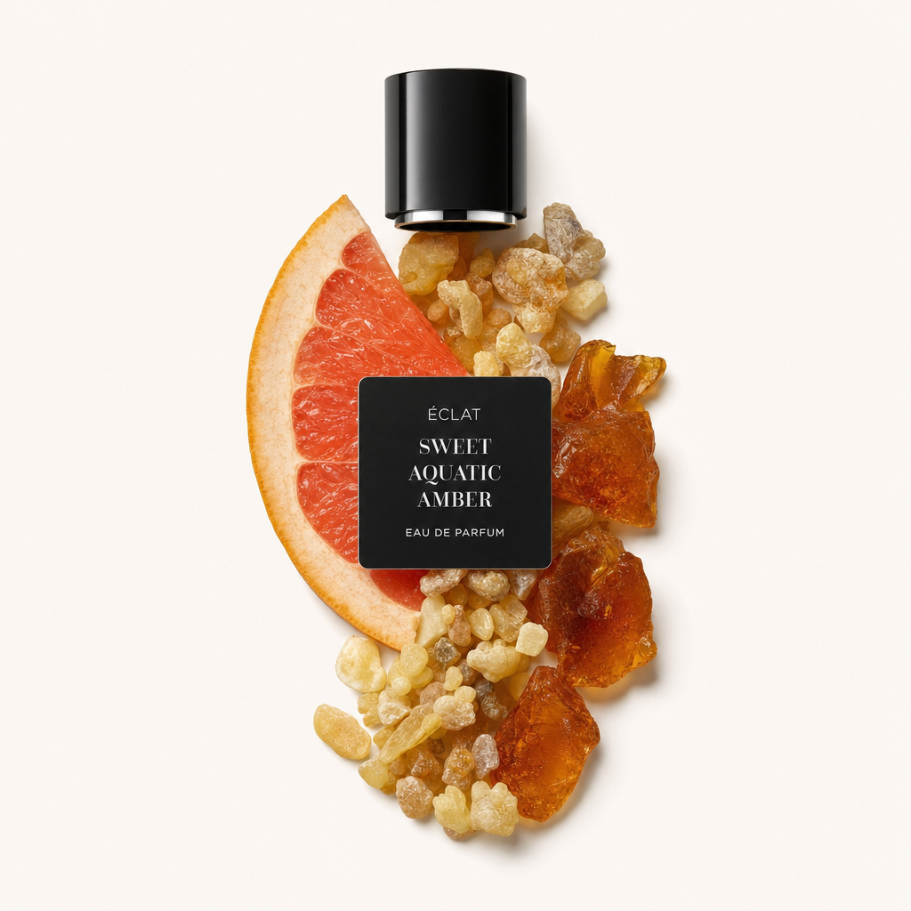 Ein Arrangement aus Grapefruit, Harz und Amber umgibt die originale ÉCLAT Sweet Aquatic Amber Verschlusskappe mit Etikett.