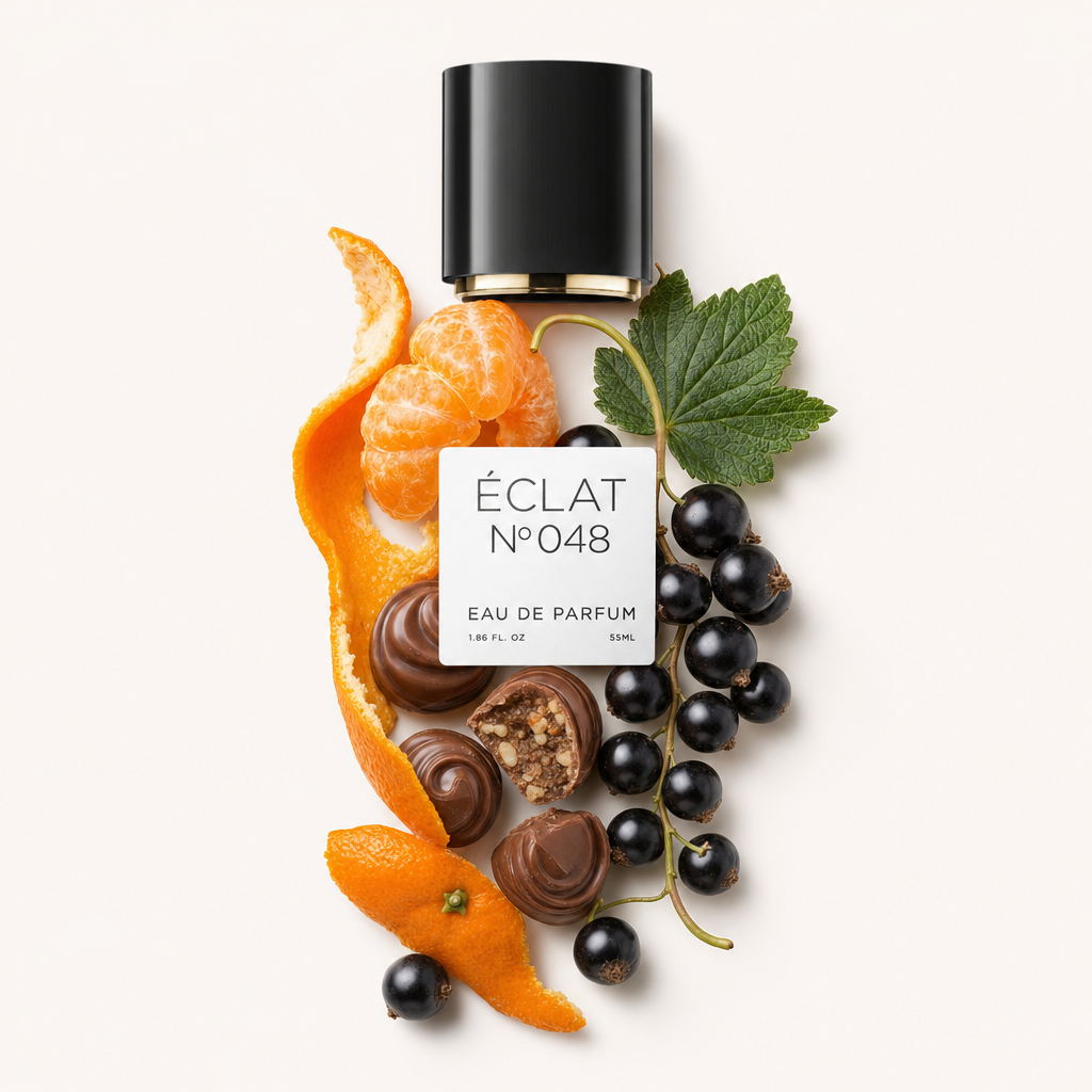 Ein Arrangement aus frischen schwarzen Johannisbeeren, Zitrusschale und Pralinen umgibt eine schwarze Kappe mit Etikett für ÉCLAT Sweet Blackcurrant.