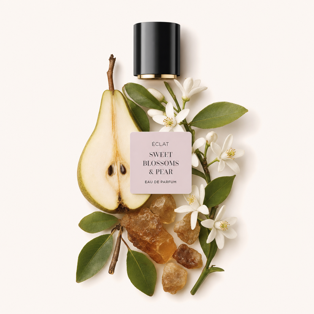 Ein sorgfältig arrangiertes Stillleben aus einer aufgeschnittenen Birne, zarten weißen Blüten und bernsteinfarbenem Harz mit der originalen ÉCLAT-Kappe oben, beschriftet mit 'Sweet Blossoms & Pear'.