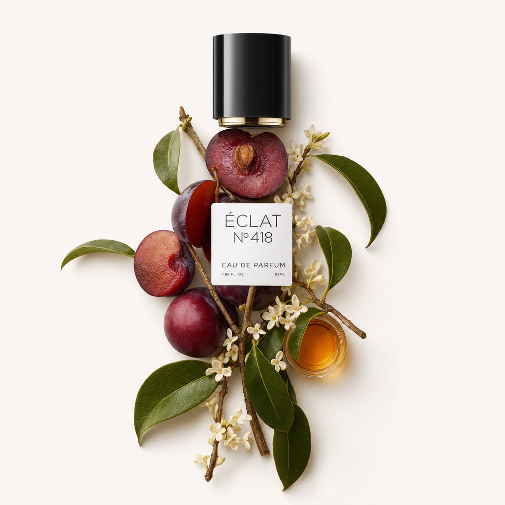 Ein Arrangement aus frischen Pflaumen, grünen Blättern und zarten Blüten mit einer schwarzen Kappe und Etikett für ÉCLAT Sweet Cherry Plum.
