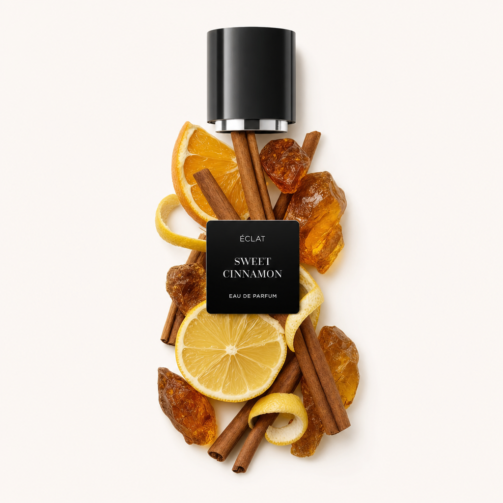 Ein Arrangement aus Zimtstangen, Zitrusscheiben und Bernsteinharz um eine schwarze Kappe mit ÉCLAT Sweet Cinnamon Etikett.
