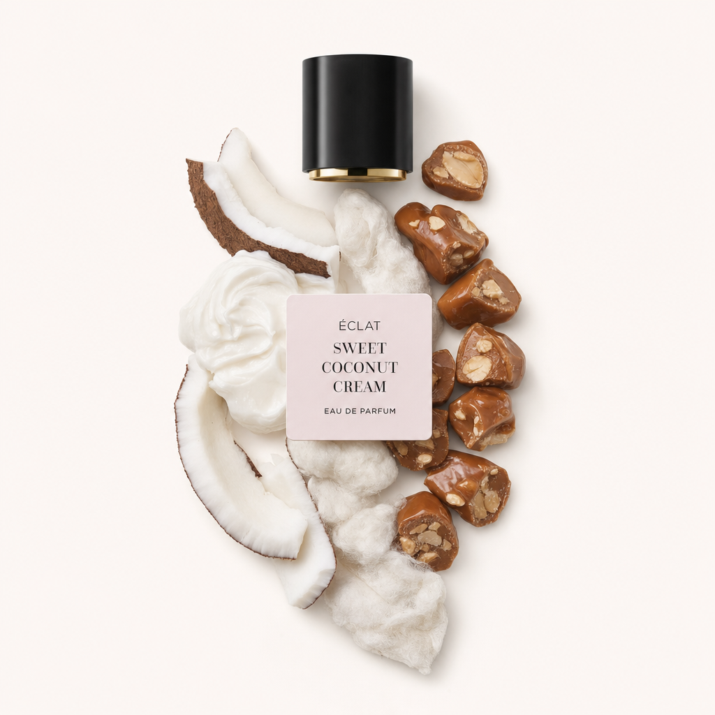 Ein Arrangement aus Kokosscheiben, fluffiger Creme und Karamellstücken umgibt eine schwarze Kappe mit einem Etikett von ÉCLAT Sweet Coconut Cream.