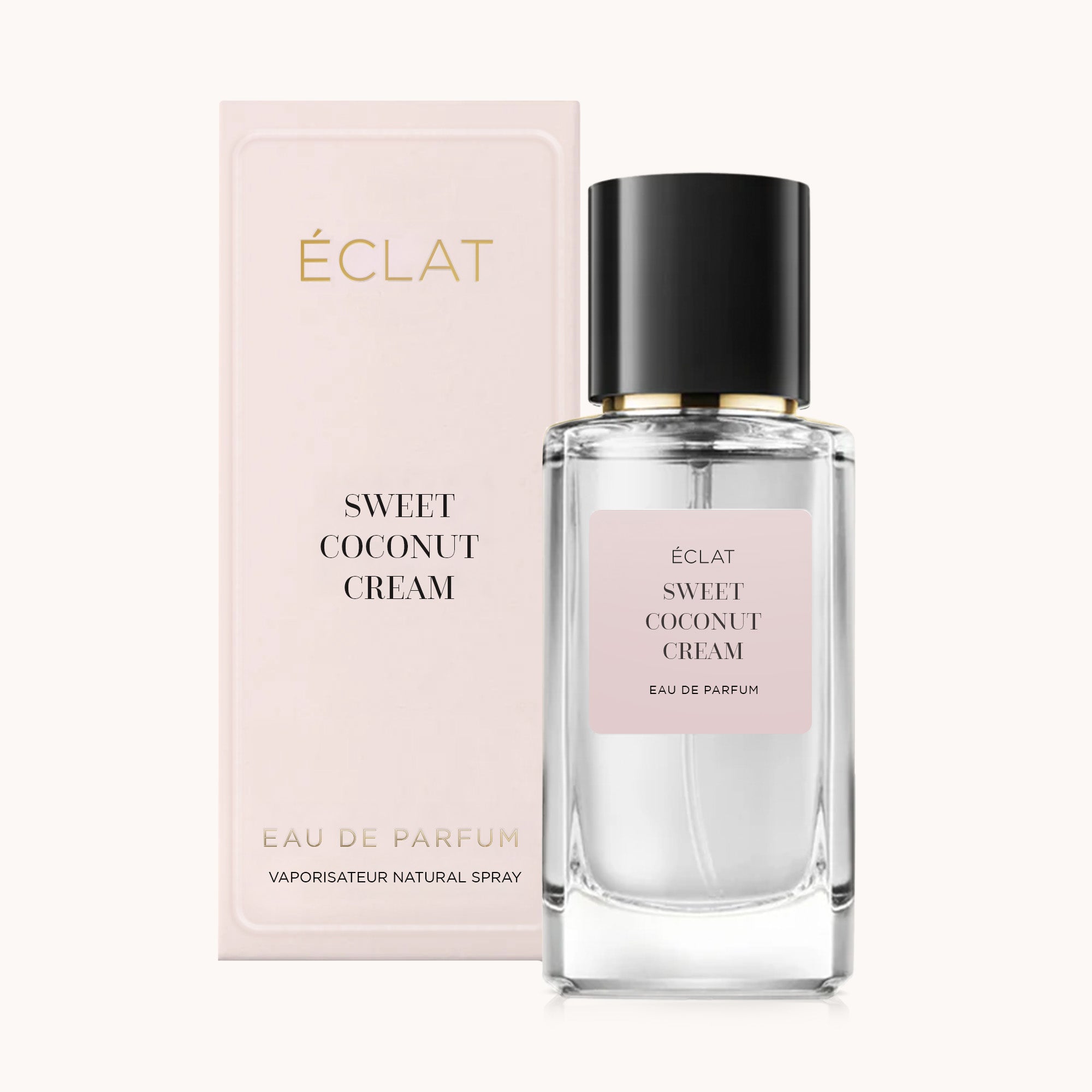 ÉCLAT Sweet Coconut Cream in einem facettierten Glasflakon mit schwarzem Verschluss, begleitet von einer zartrosa Schachtel.