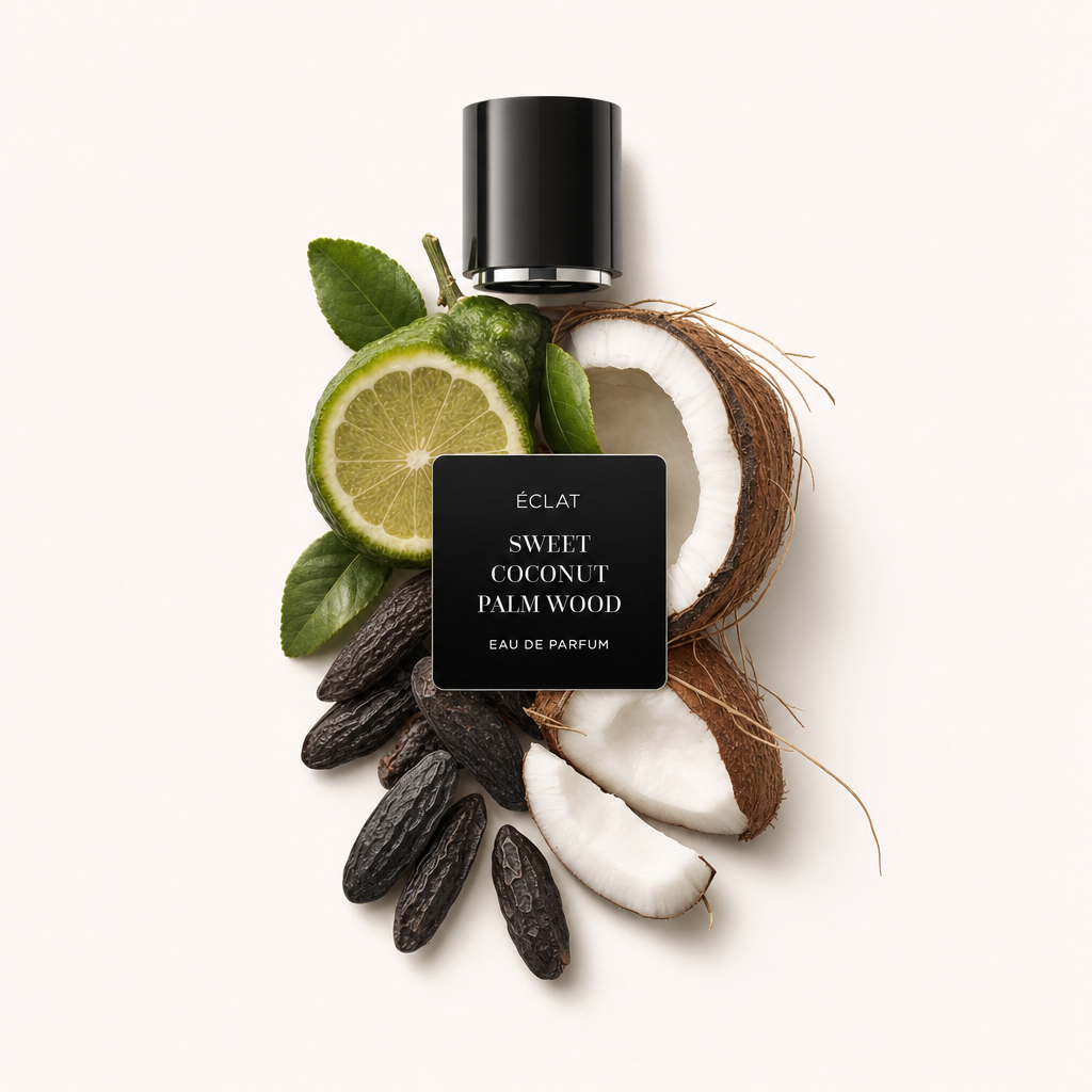 Ein Arrangement aus Kokosscheiben, grünem Zitrus mit Blättern und getrockneten Samen, unter einer schwarzen Kappe mit dem Etikett 'ÉCLAT Sweet Coconut Palm Wood'.