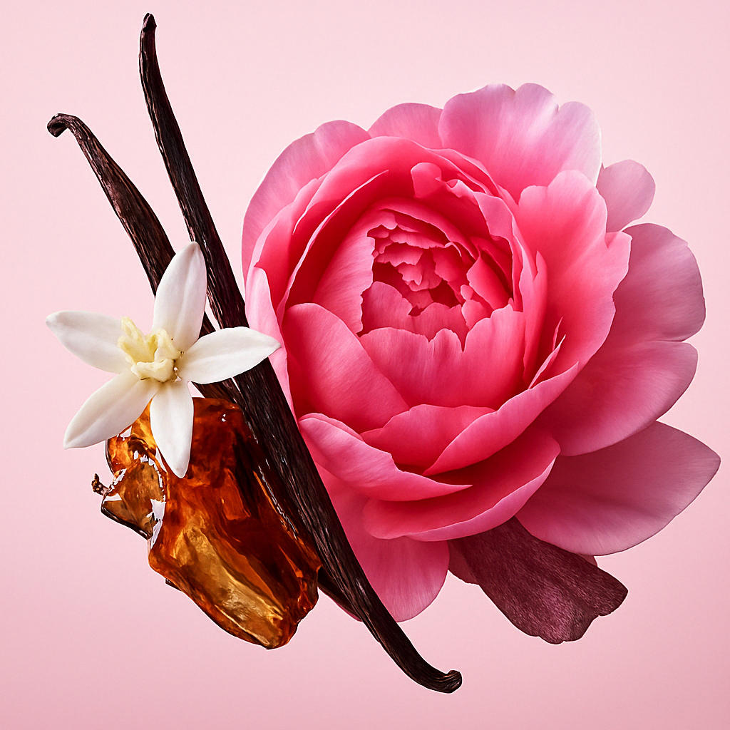 Eine Komposition aus einer pinken Pfingstrose, Vanilleschote, weißer Blüte und Bernsteinharz vor einem rosafarbenen Hintergrund, die ÉCLAT Sweet Gunpowder darstellt.