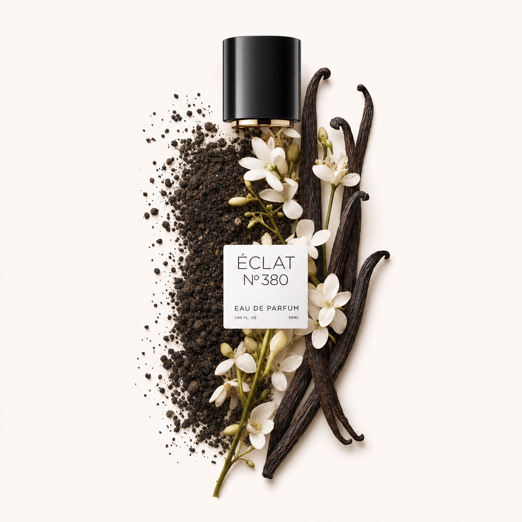 Ein Arrangement aus Vanilleschoten, weißen Blüten und Erde mit einer schwarzen Kappe, die das ÉCLAT-Etikett zeigt.