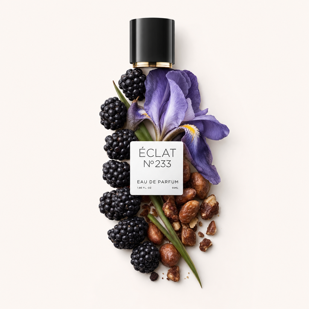 Ein Arrangement aus Brombeeren, Schwertlilie und Nüssen mit der schwarzen Kappe und dem Etikett von ÉCLAT Sweet Iris, das die Hauptduftnoten hervorhebt.